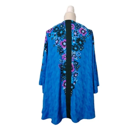 Bob Mackie Evocative Kimono Cardigan Coverup Top XL Blue Floral Open Front - Picture 3 of 5